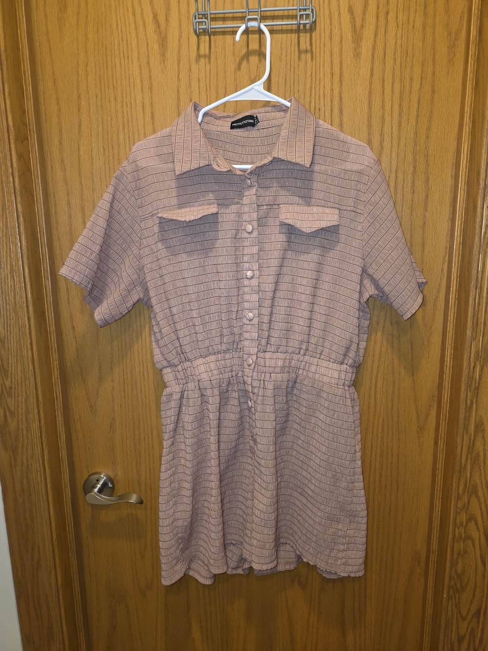 Short Sleeve Button-Front Pink Shorts Rompee with Elastic Waist